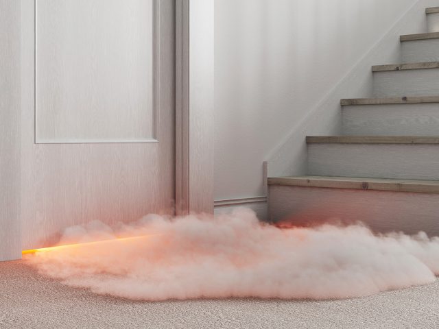 Smoke at the bottom of a door near stairs
